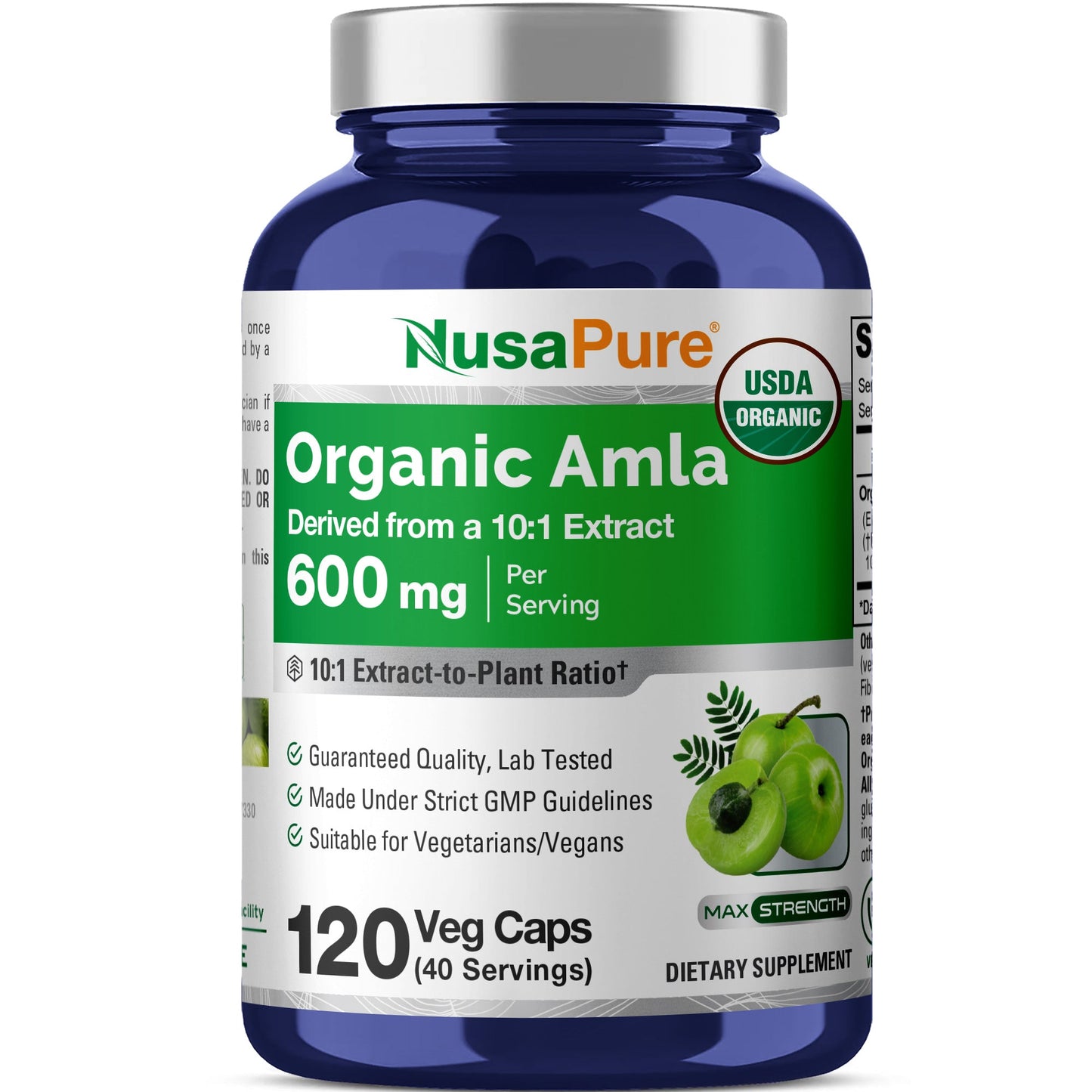 NusaPure Organic Amla Capsules 10:1 Extract, 600 mg | 120 Count | Amalaki Fruit | USDA, Vegan, Non-GMO Supplement
