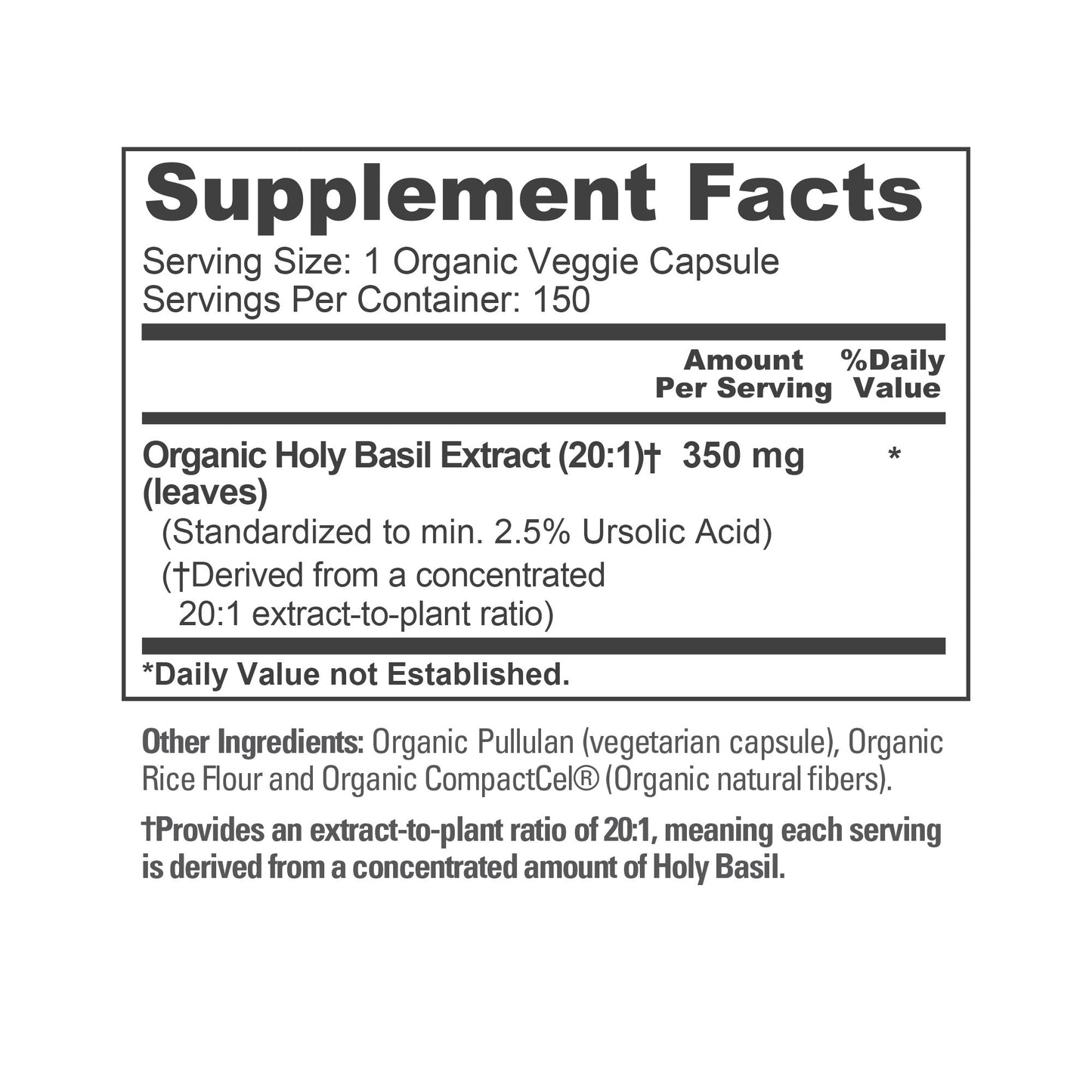 NusaPure USDA Organic Holy Basil Capsules 20:1 Extract, 350 mg 150 Vegan Caps Tulsi Holy Basil Leaf Extract 2.5% Ursolic Acid Non-GMO
