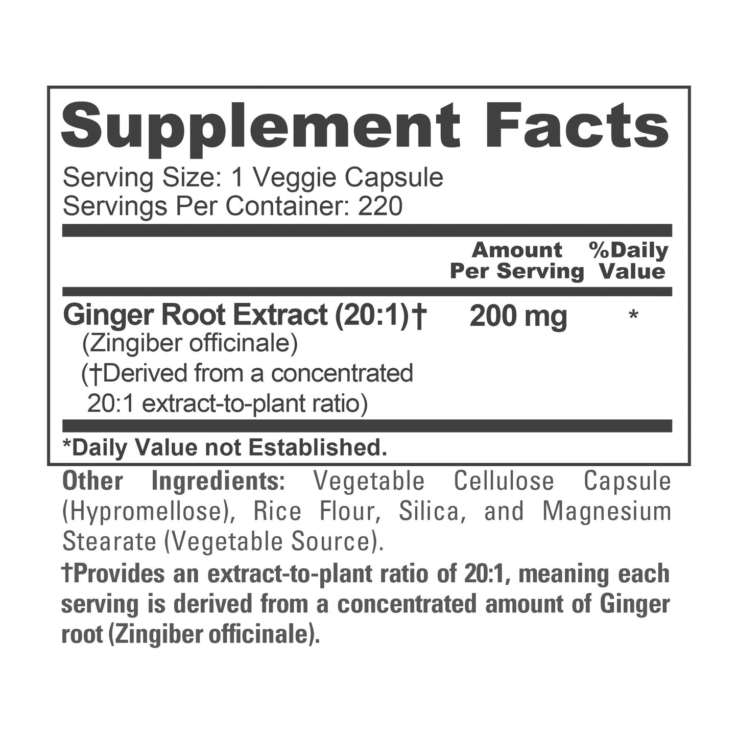 NusaPure Ginger Root Capsules 20:1 Extract, 200 mg per Veggie Caps | 220 Count | Non-GMO