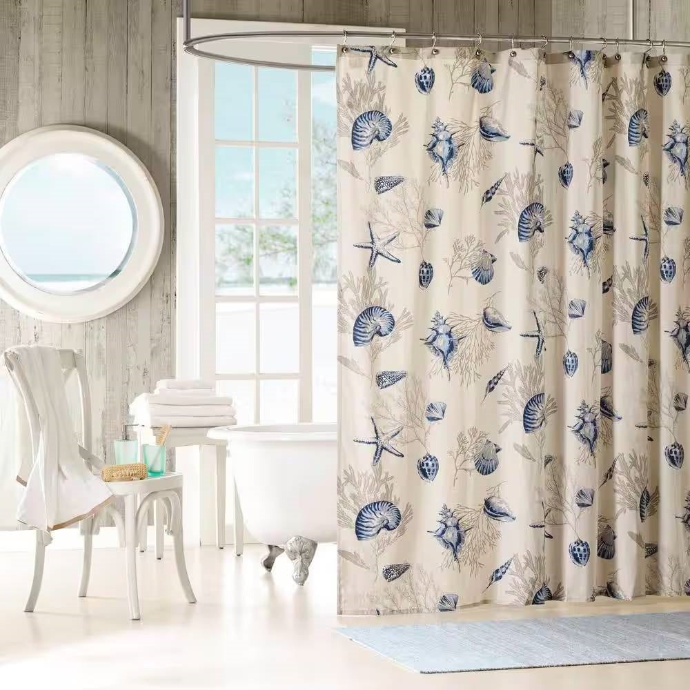 Cortina de ducha de algodón beige caqui de 72 pulgadas con conchas marinas y corales azul marino, diseño costero playero