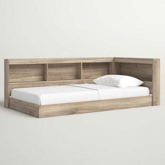 Cama individual esquinera de madera natural con almacenamiento, cabecera de estantería y puertos USB