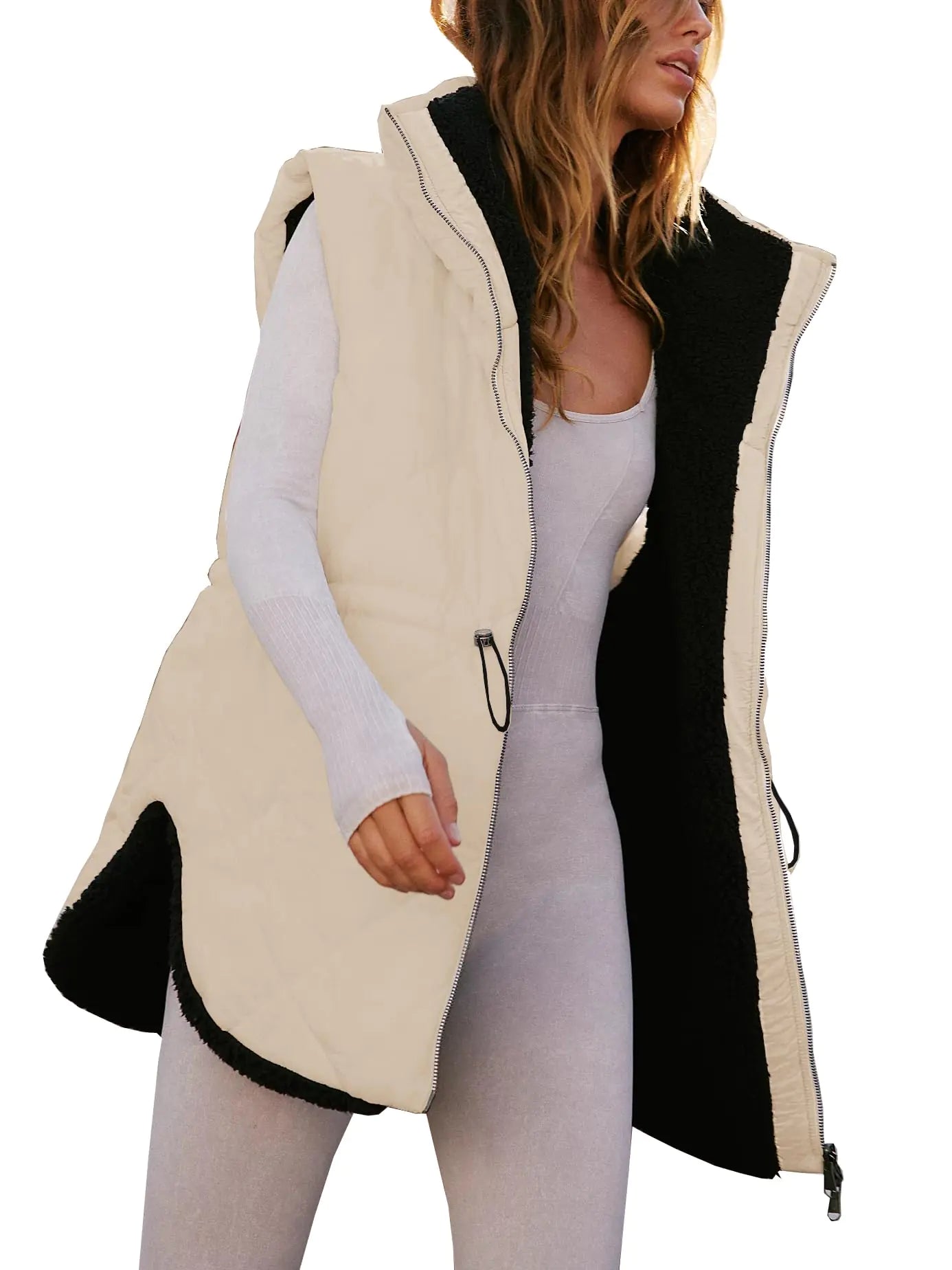 Women Fall Reversible Vests Sleeveless Sherpa Fleece Jacket Zip Up Hoodie Long Warm Winter Padded Coat Outerwear