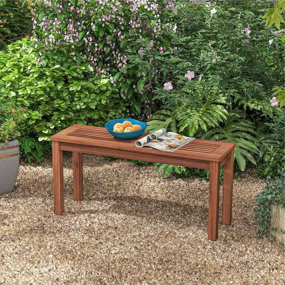 Banco de jardín sin respaldo de madera maciza para exterior, 2 asientos, acabado natural