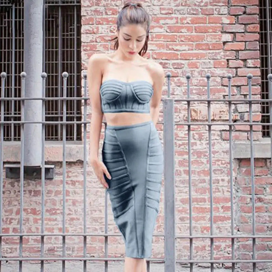 2018 Fall Winter Women's Strapless Gray Dress Set