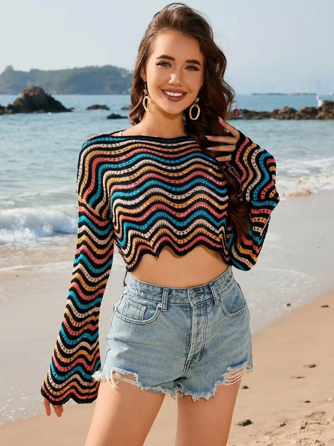 T-Shirts Trendsi swimwear - Nautical striped sheer cover up
