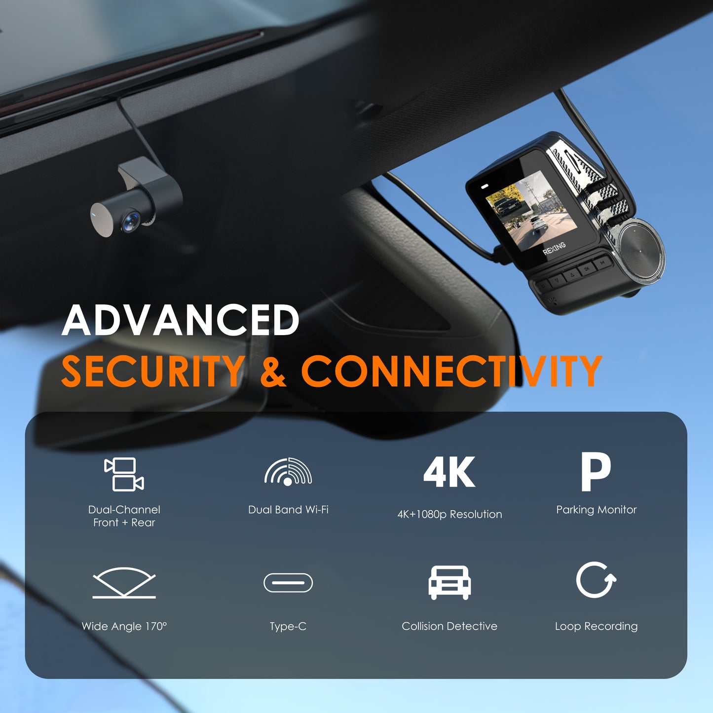 Rexing - V1P Flex X4 Cámara doble de salpicadero Wi-Fi 4K - Negro