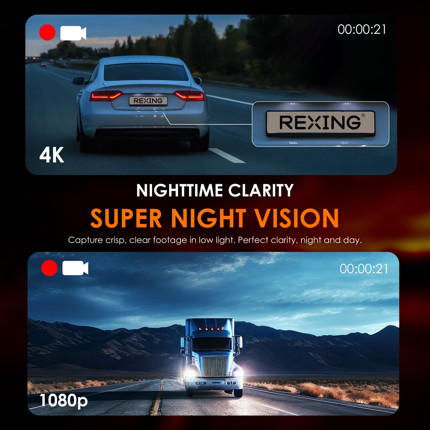 Rexing - V1P Flex X4 Cámara doble de salpicadero Wi-Fi 4K - Negro