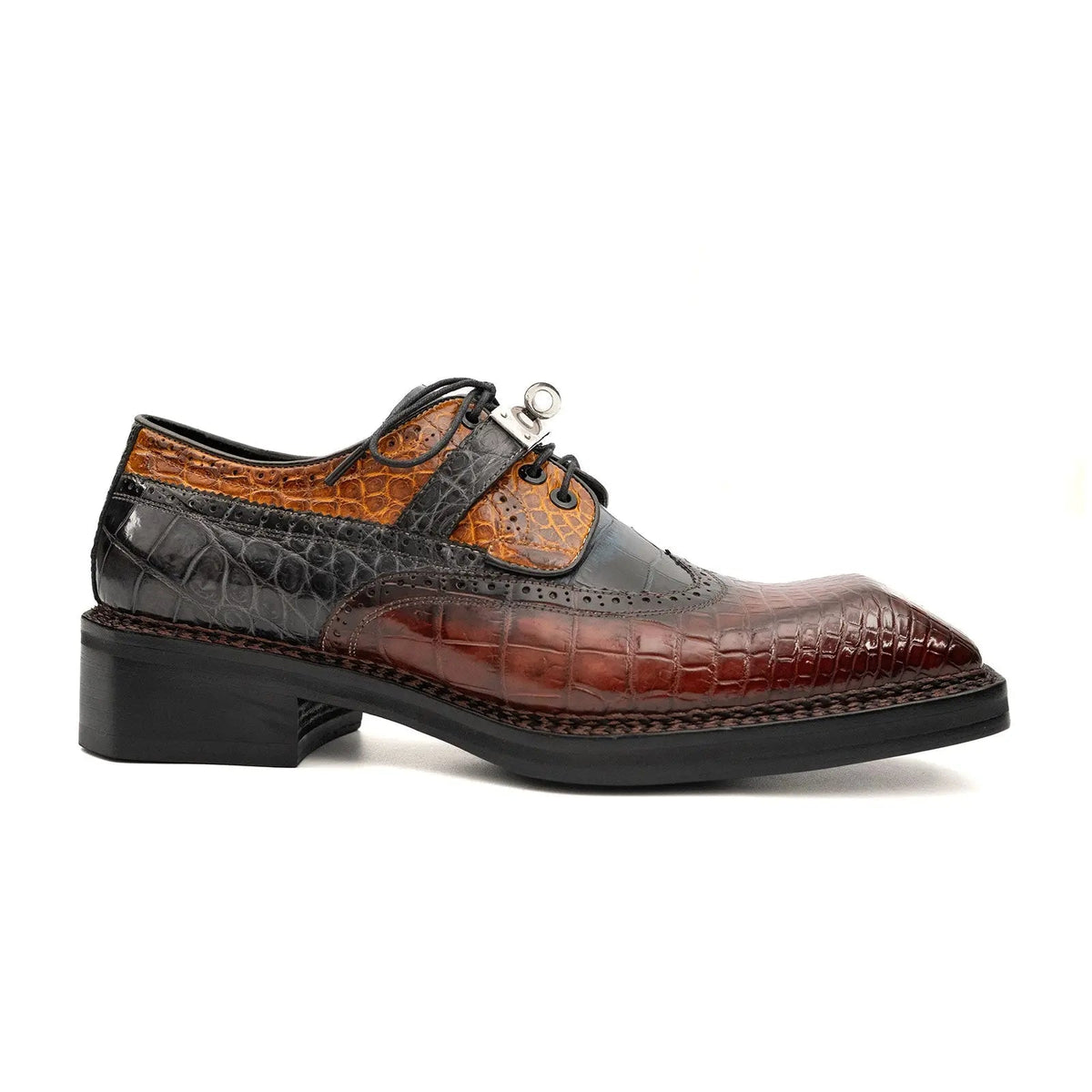 Multicolor Square-Toe Crocodile Leather Derby Shoes