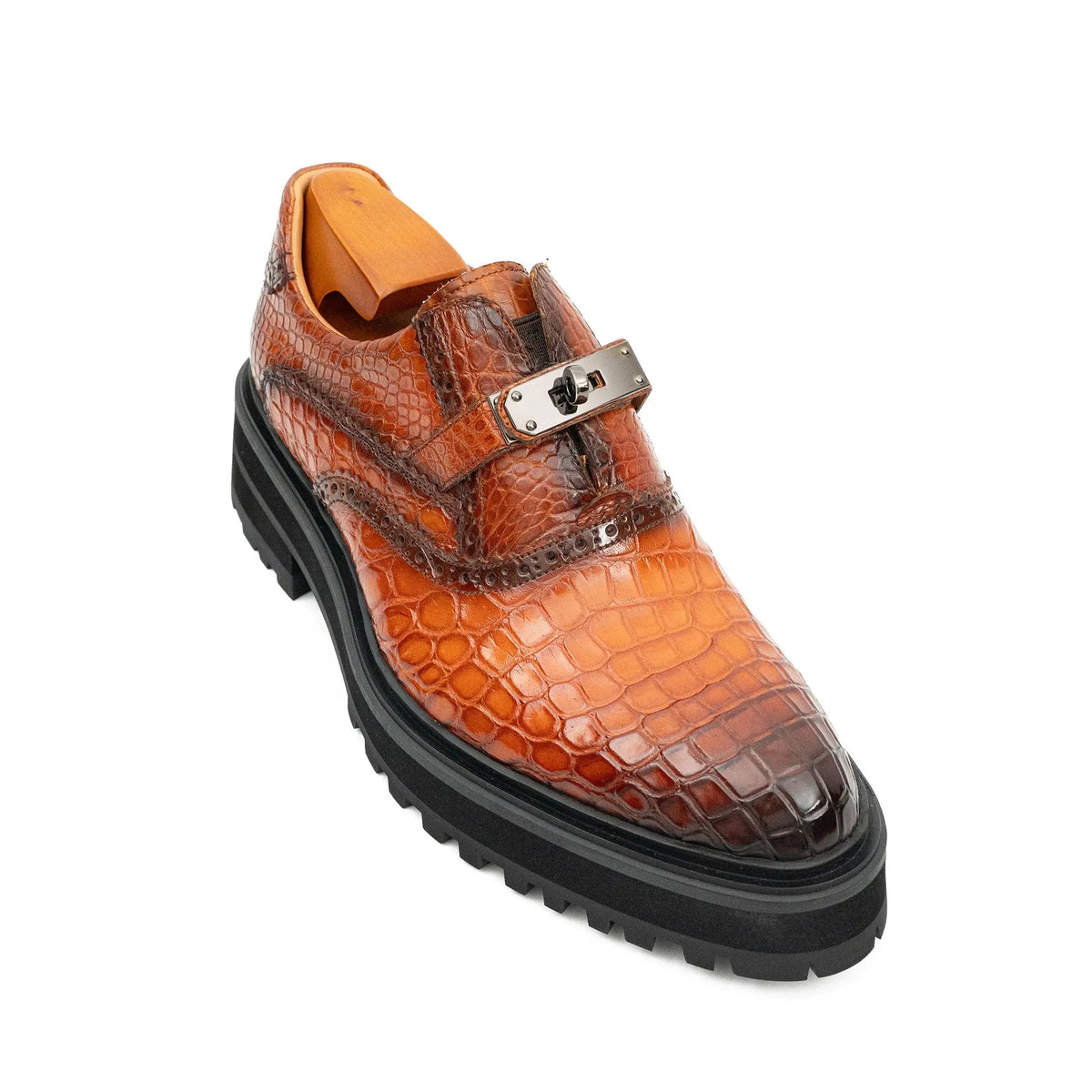 Orange-Brown Crocodile Leather Monk Shoes