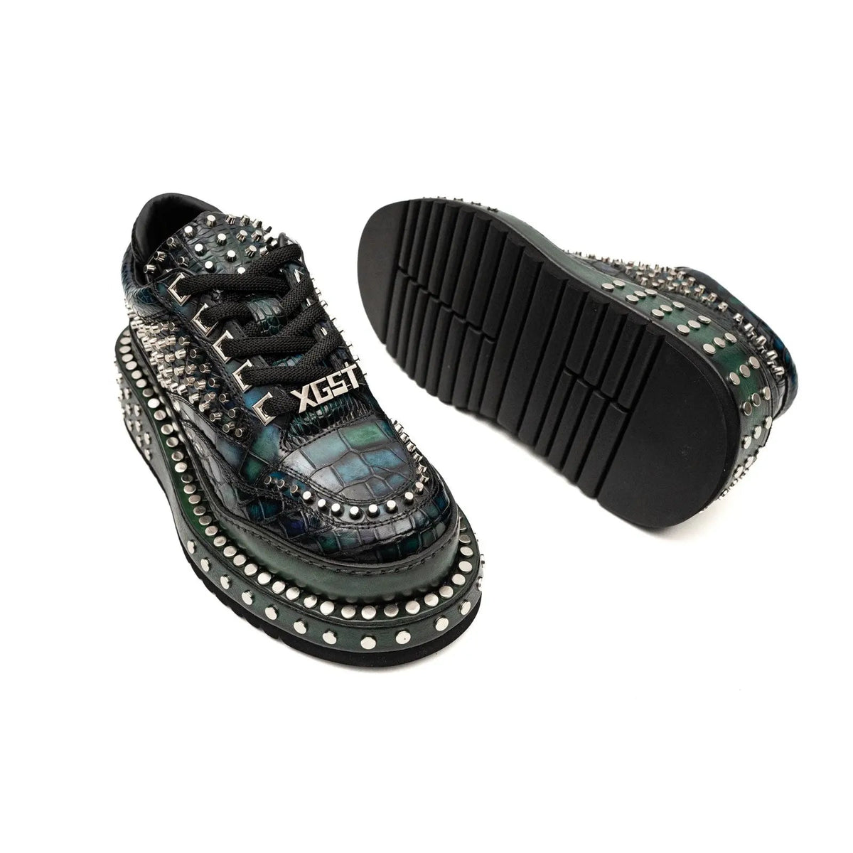 Green Studded Crocodile Leather Sneakers