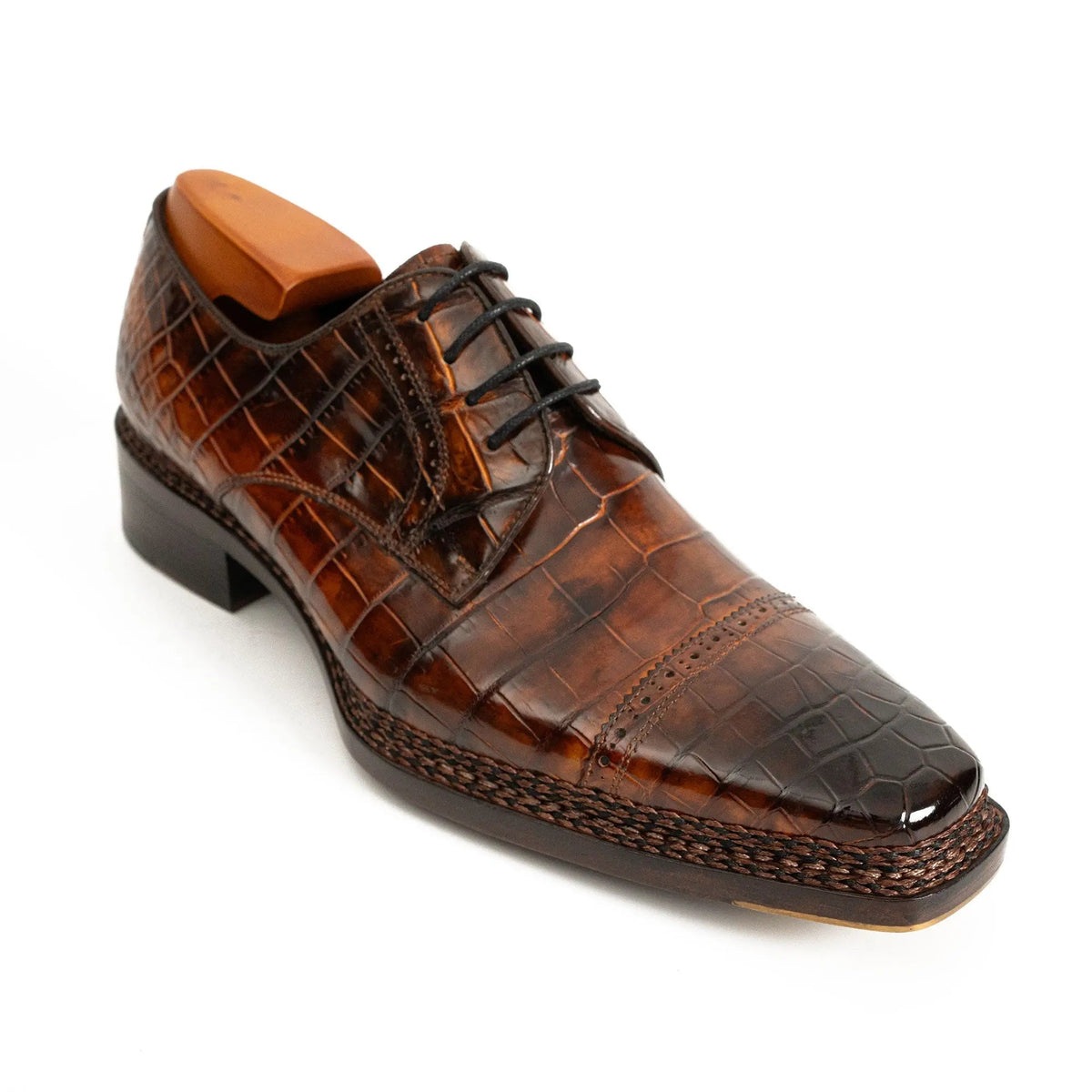 Brown Cap-Toe Crocodile Leather Derby Shoes