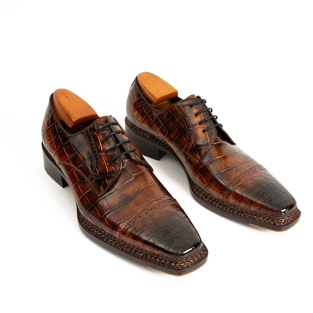 Brown Cap-Toe Crocodile Leather Derby Shoes