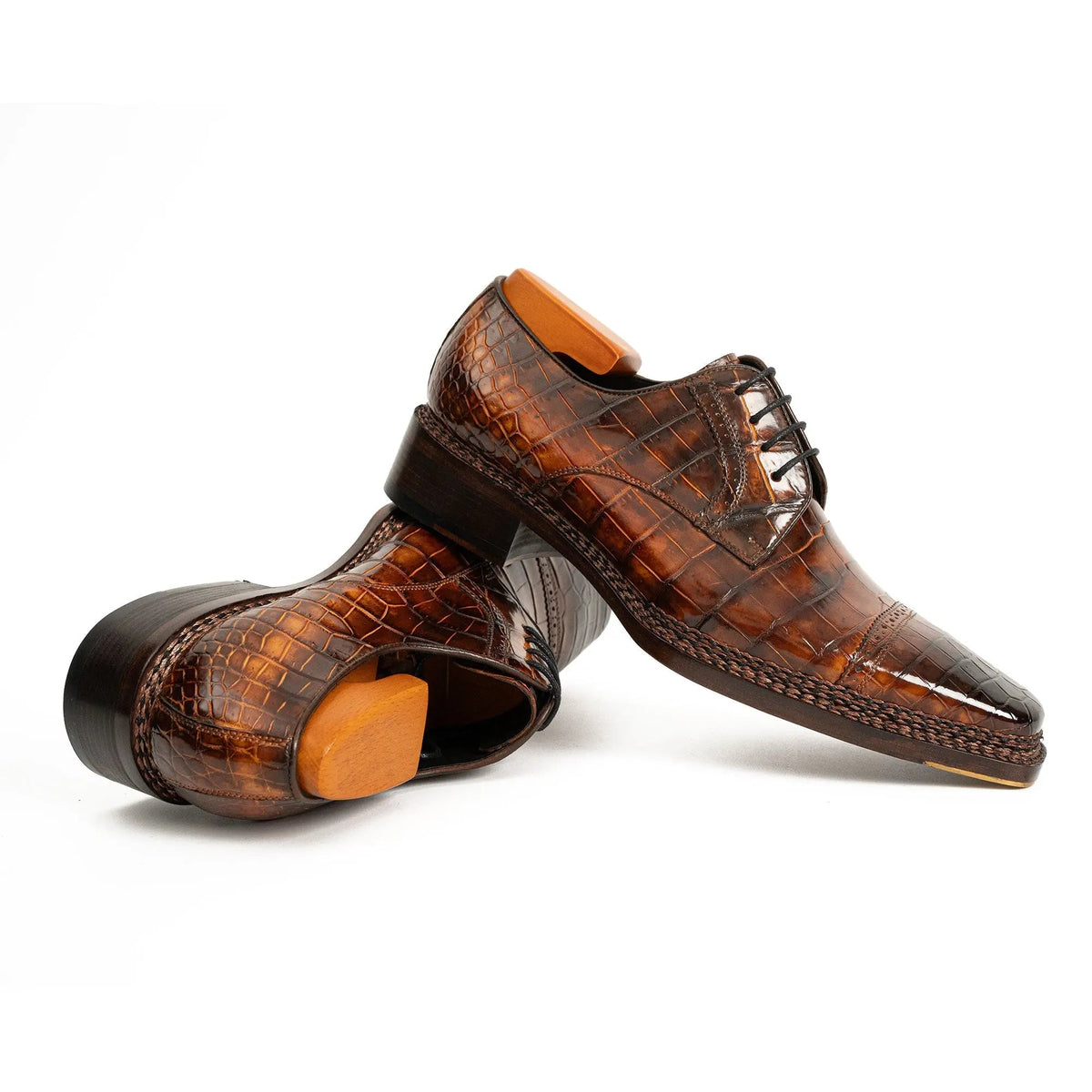 Brown Cap-Toe Crocodile Leather Derby Shoes