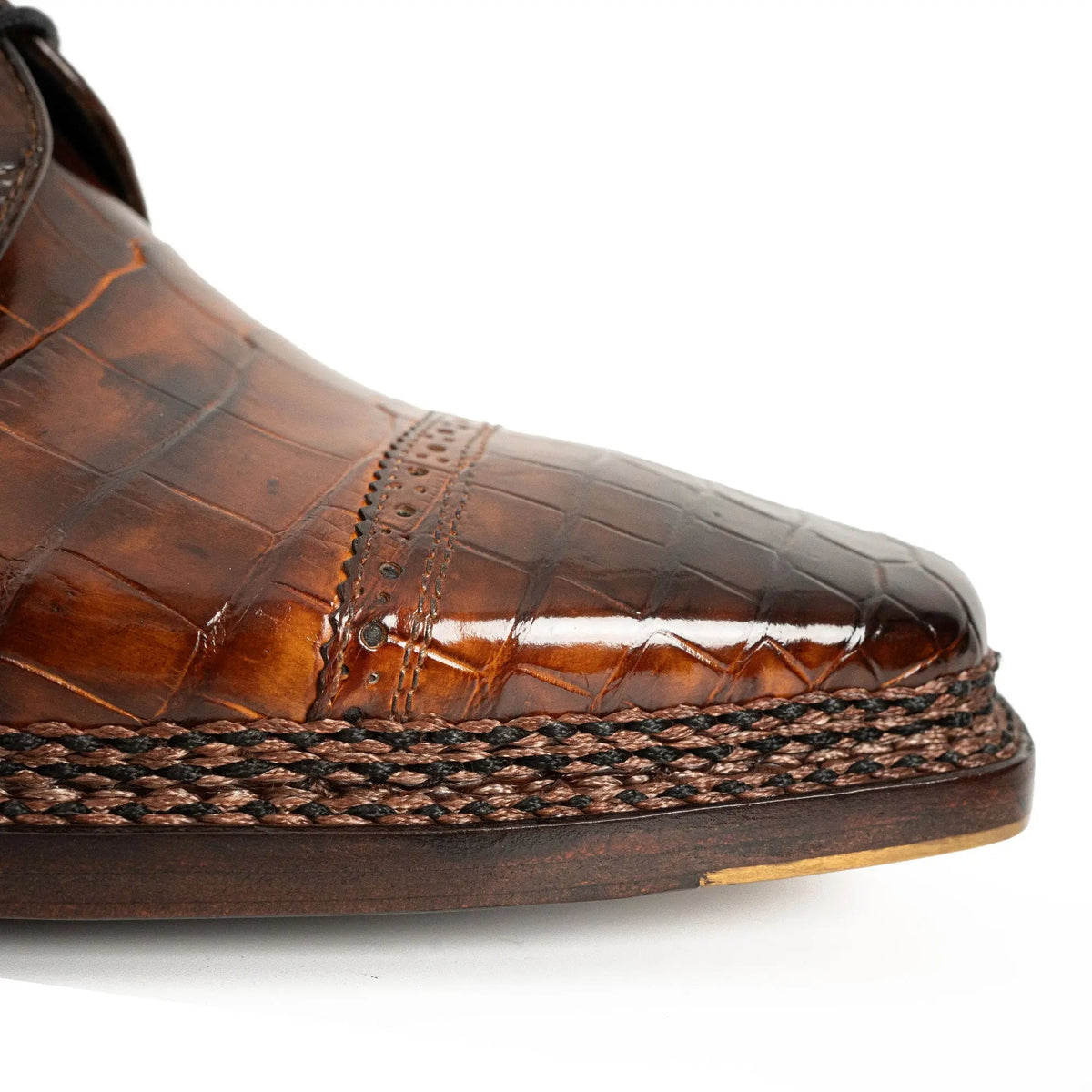 Brown Cap-Toe Crocodile Leather Derby Shoes
