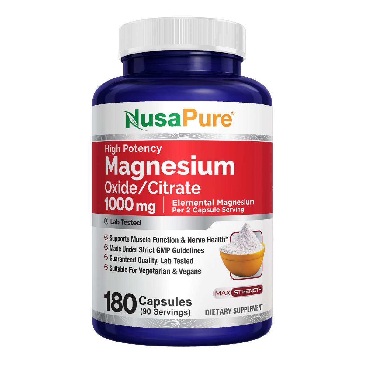 NusaPure Magnesium Oxide 1,000mg per Serving 180 Veggie Caps (Non-GMO, Vegan)