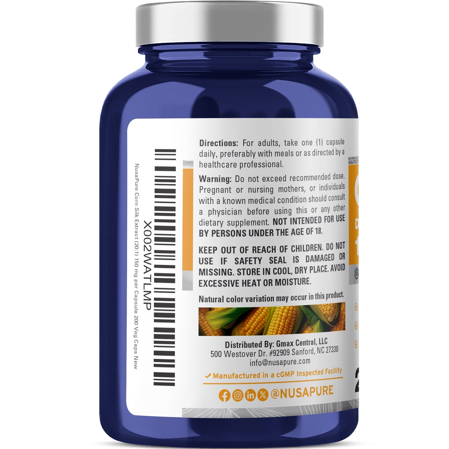 NusaPure Corn Silk Extract 150 mg per Caps - 200 Veggie Caps (100% Vegetarian, Non-GMO, Extract 20:1, Vegan)