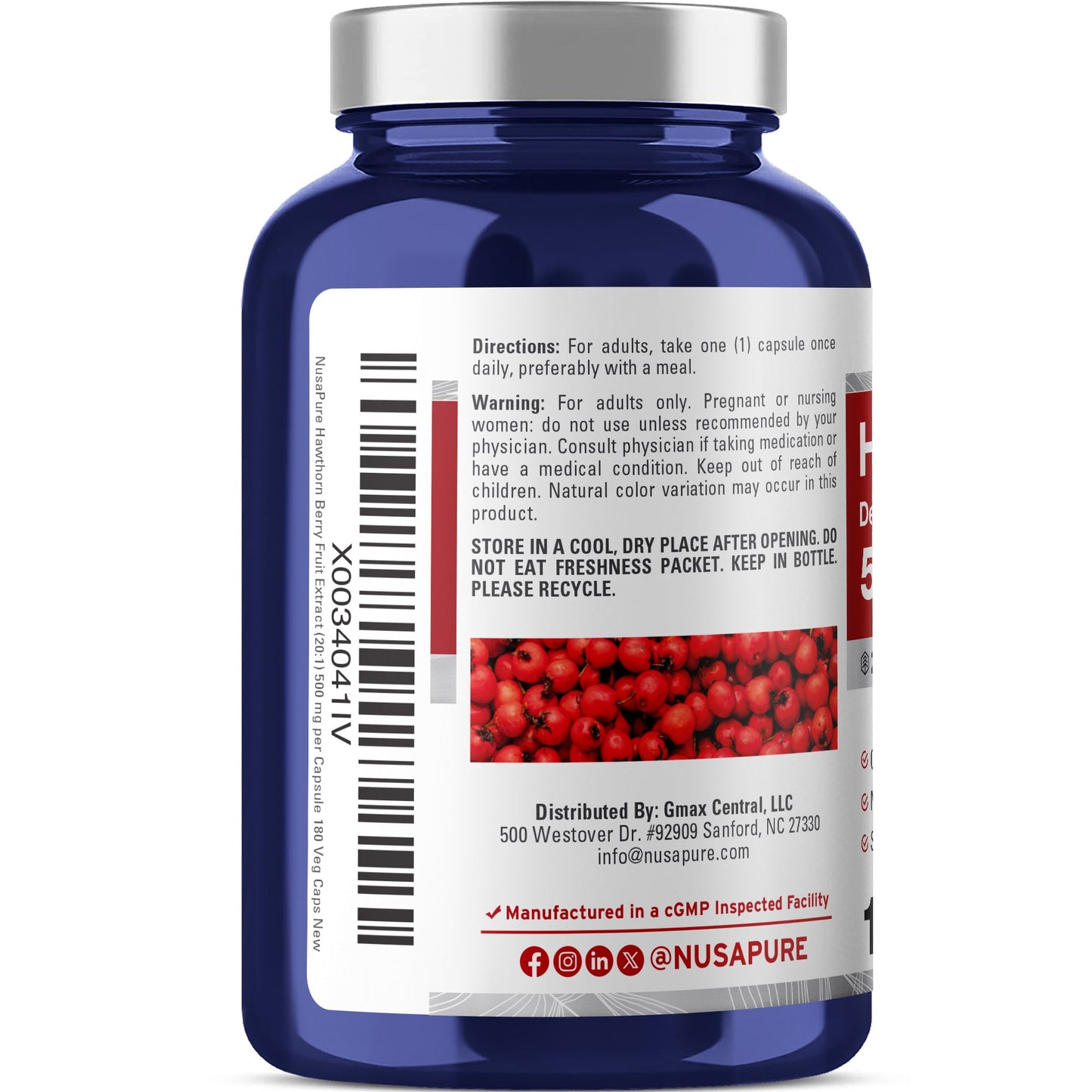 NusaPure Hawthorn Berry 20:1 Extract, 500 mg 180 Veg Caps, Suitable for Vegetarians, Vegan, Non-GMO Dietary Supplement