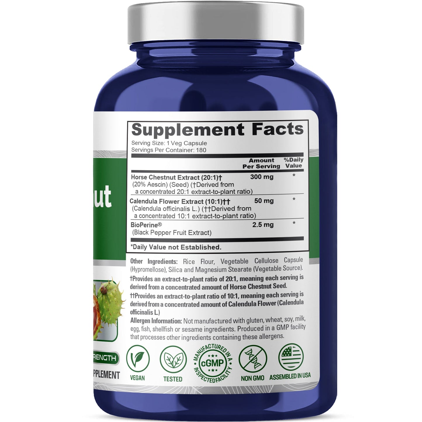 NusaPure Horse Chestnut 20:1 Extract, 300 mg 180 Veggie Caps Non-GMO, Vegan, BioPerine, Calendula Flower
