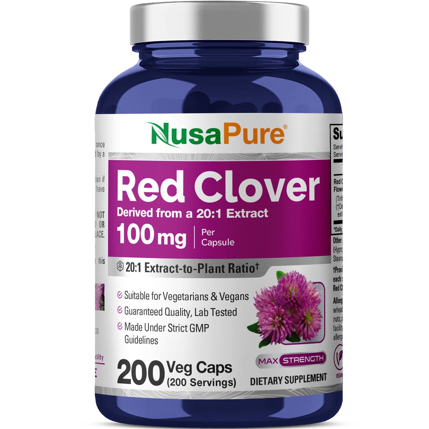 NusaPure Red Clover Blossoms 20:1 Extract, 100 mg 200 Veg Capsules Trifolium Pratente L. Suitable for Vegetarians/Vegan Non GMO Dietary Supplement