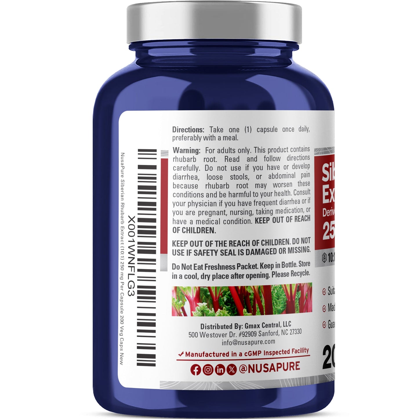 NusaPure Siberian Rhubarb 10:1 Extract, 250 mg - 200 Veggie Capsules (Vegetarian, Non-GMO, Vegan)