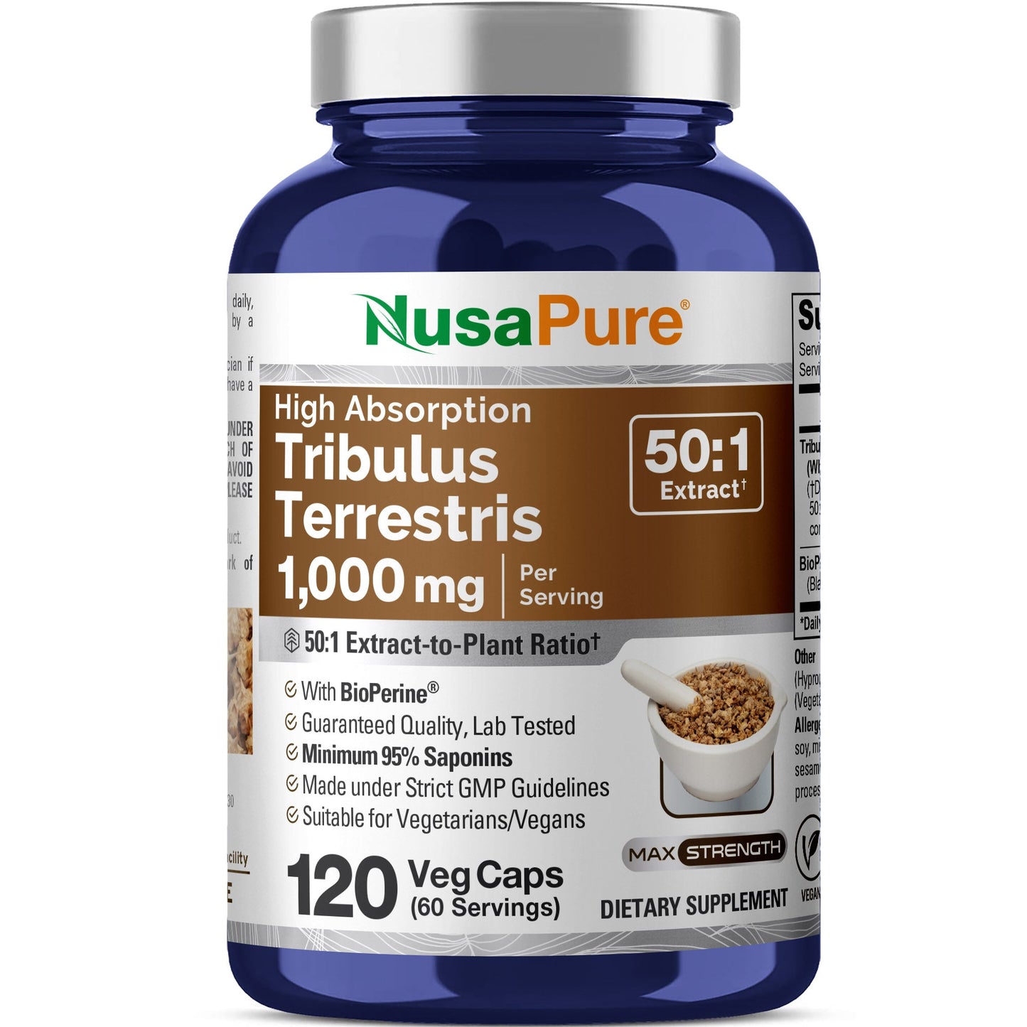 NusaPure Tribulus Terrestris 50:1 Extract, 1000 mg | 120 Veggie Caps | 95% Steroidal Saponins | Non-GMO, Bioperine