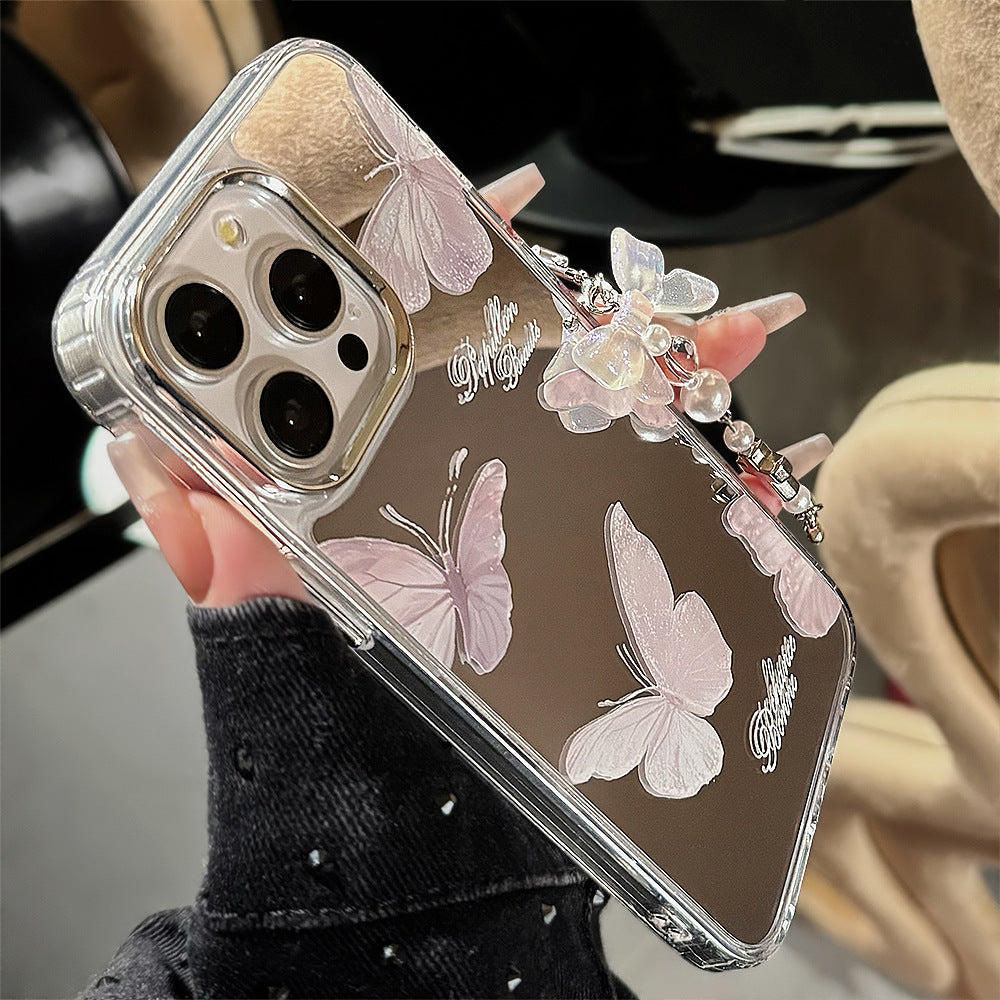 Colgante espejo mariposa súper hada, adecuado para funda de teléfono móvil Apple 15pro max temperamento iphone16 anticaída 13 dura 17