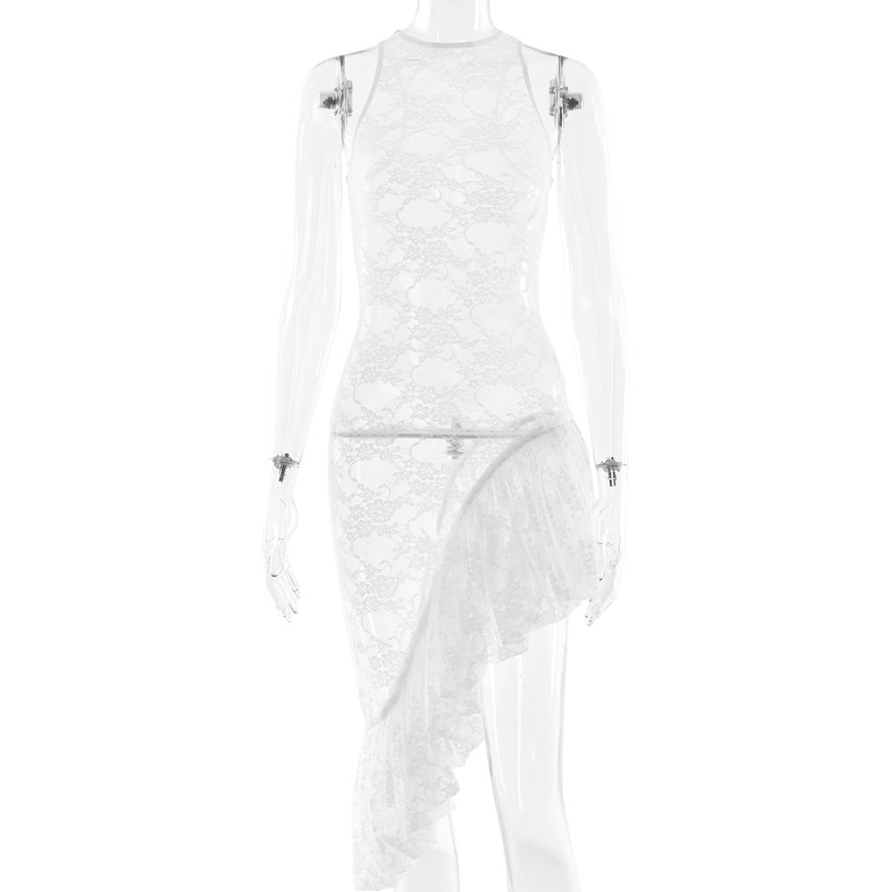 Sleeveless round Neck Dress Summer Sexy Lace See through Irregular Asymmetric Maxi Dress Women