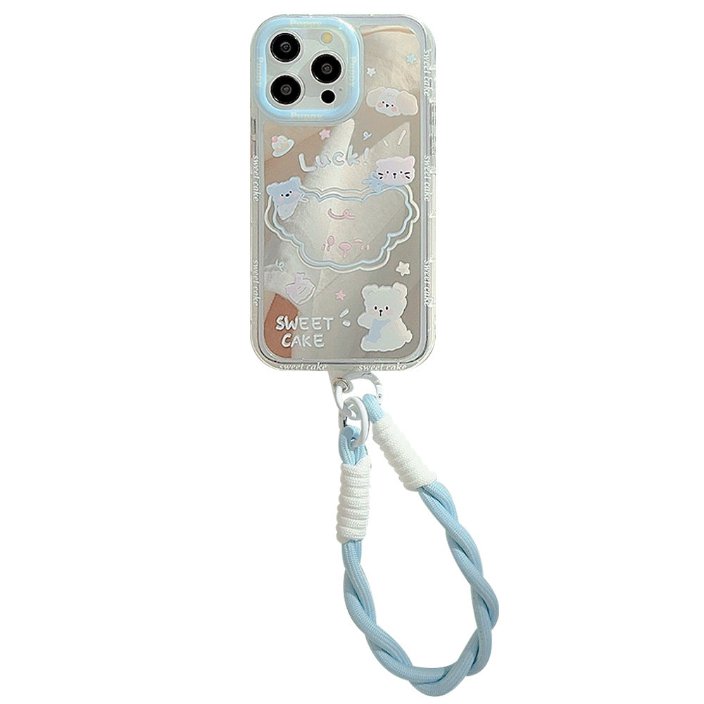 La funda de teléfono Apple 15, iPhone 17, de dibujos animados de 12ª generación con cuerda de mano, modelo de verano espejo cachorro, es adecuada para el 16ProMax.