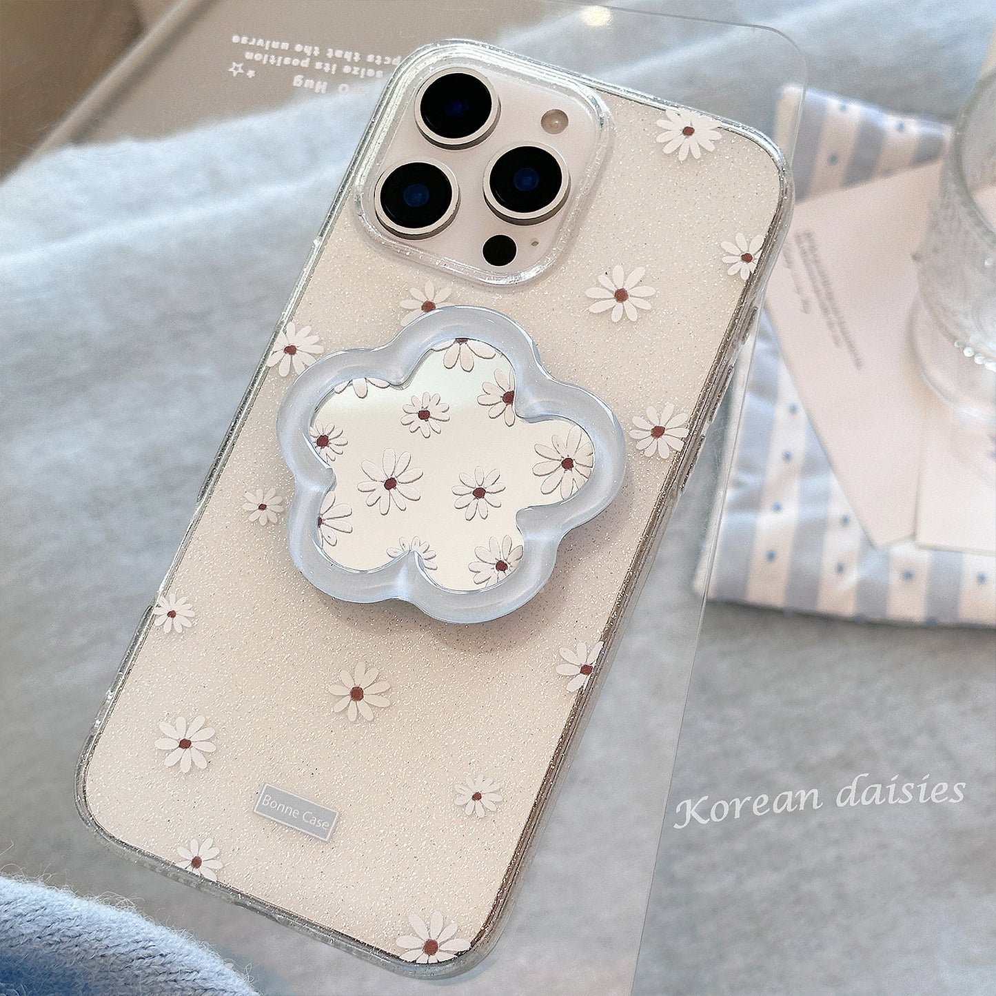 Funda de móvil 16promax de Apple con espejo de flores, 17 para iPhone15 con purpurina 13, azul fresco pequeño