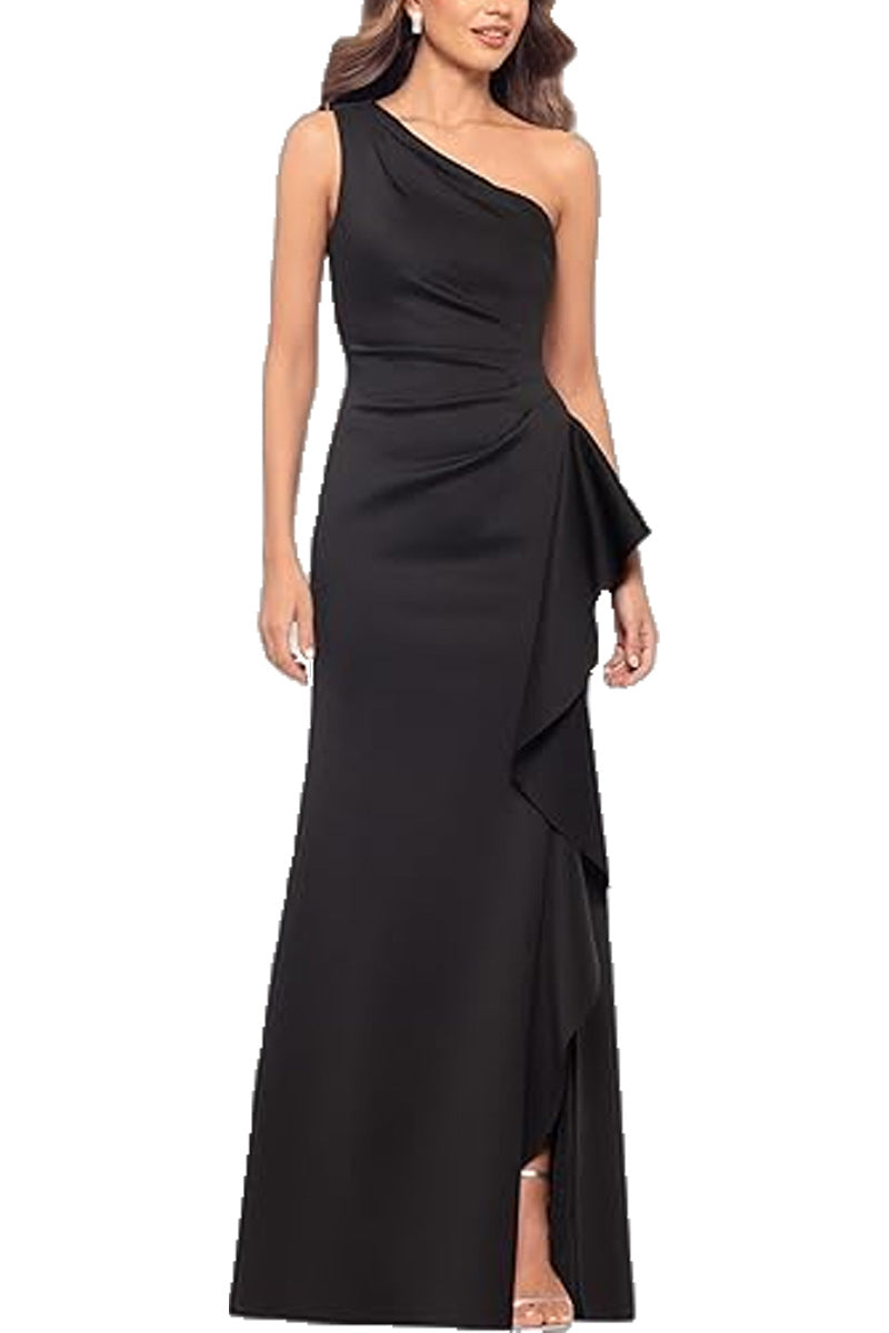 One Shoulder Elegant Solid Color Slim Waist Split Fishtail Side Ruffled Evening Dress