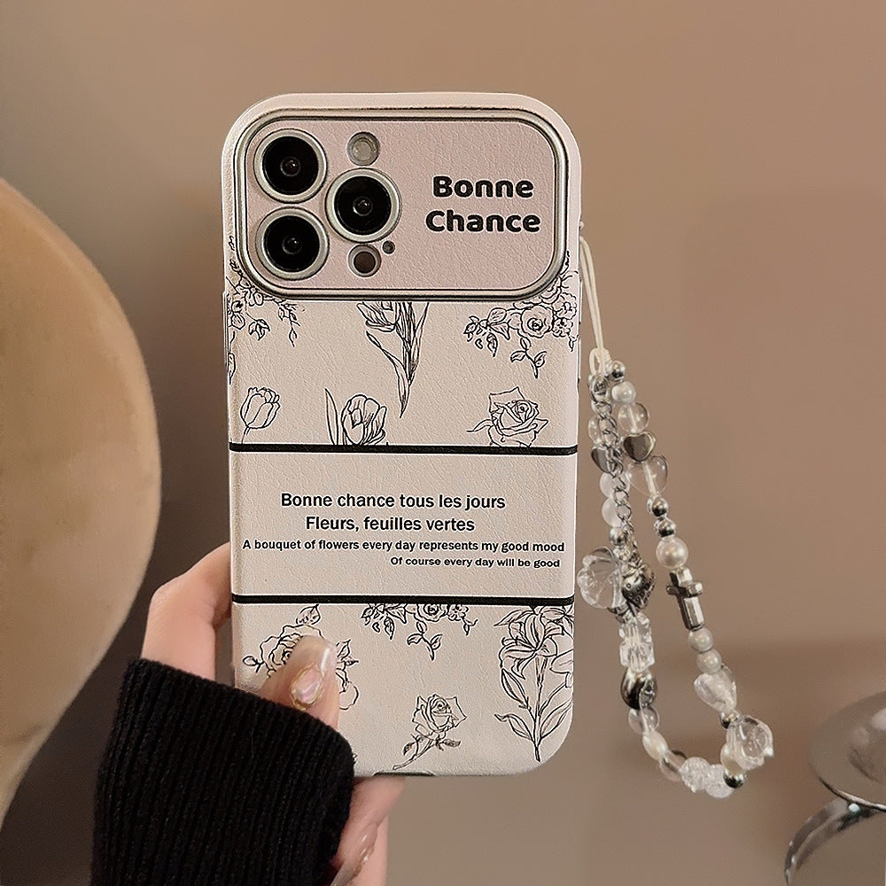Funda de cuero con diseño de flor de rosa para iPhone 16 Apple 15, funda para móvil 13promax, estilo 17, con cordón de cristal 12