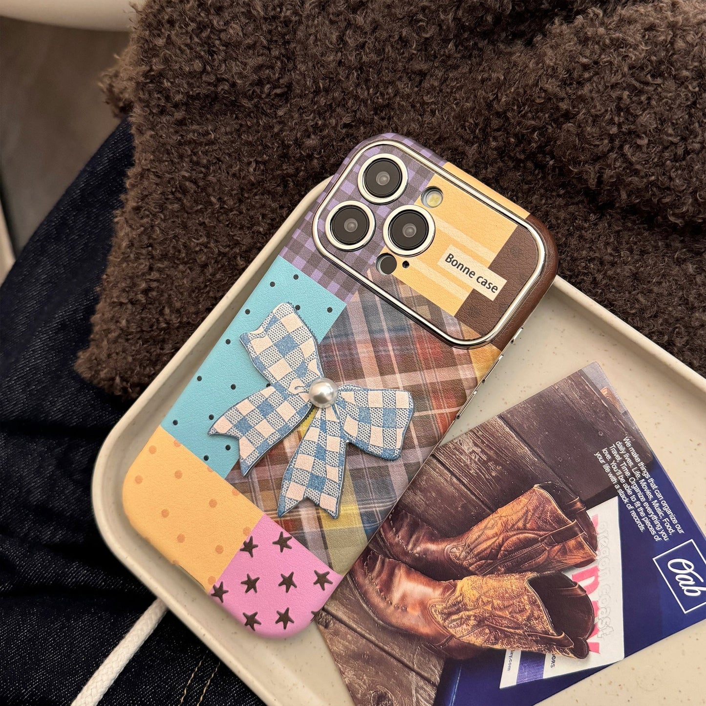Aplicable a la funda de iPhone 16 iPhone 17promax empalme a cuadros de color 15 lazo tridimensional 13 cuero