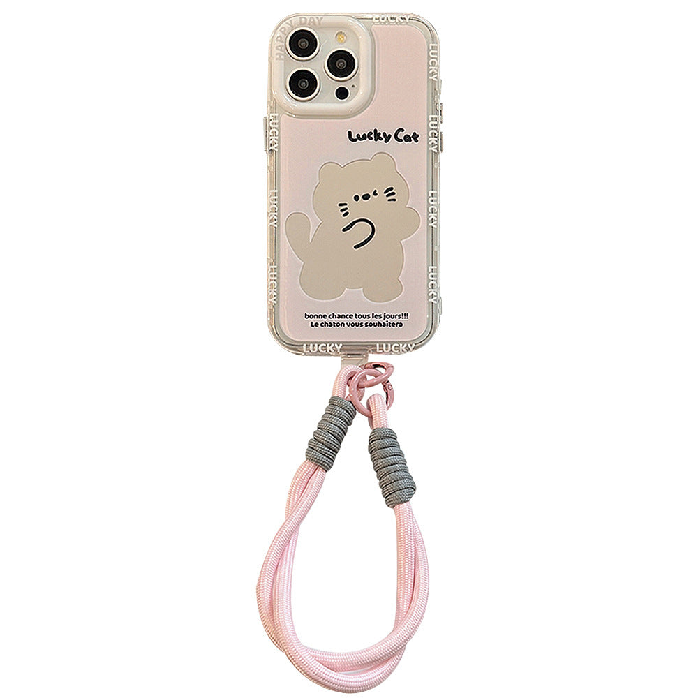 El estuche para iPhone 17 Pro Max de dibujos animados 12/13 generación con cuerda de mano es adecuado para el teléfono móvil Apple 16 con un lindo espejo de gato rosa
