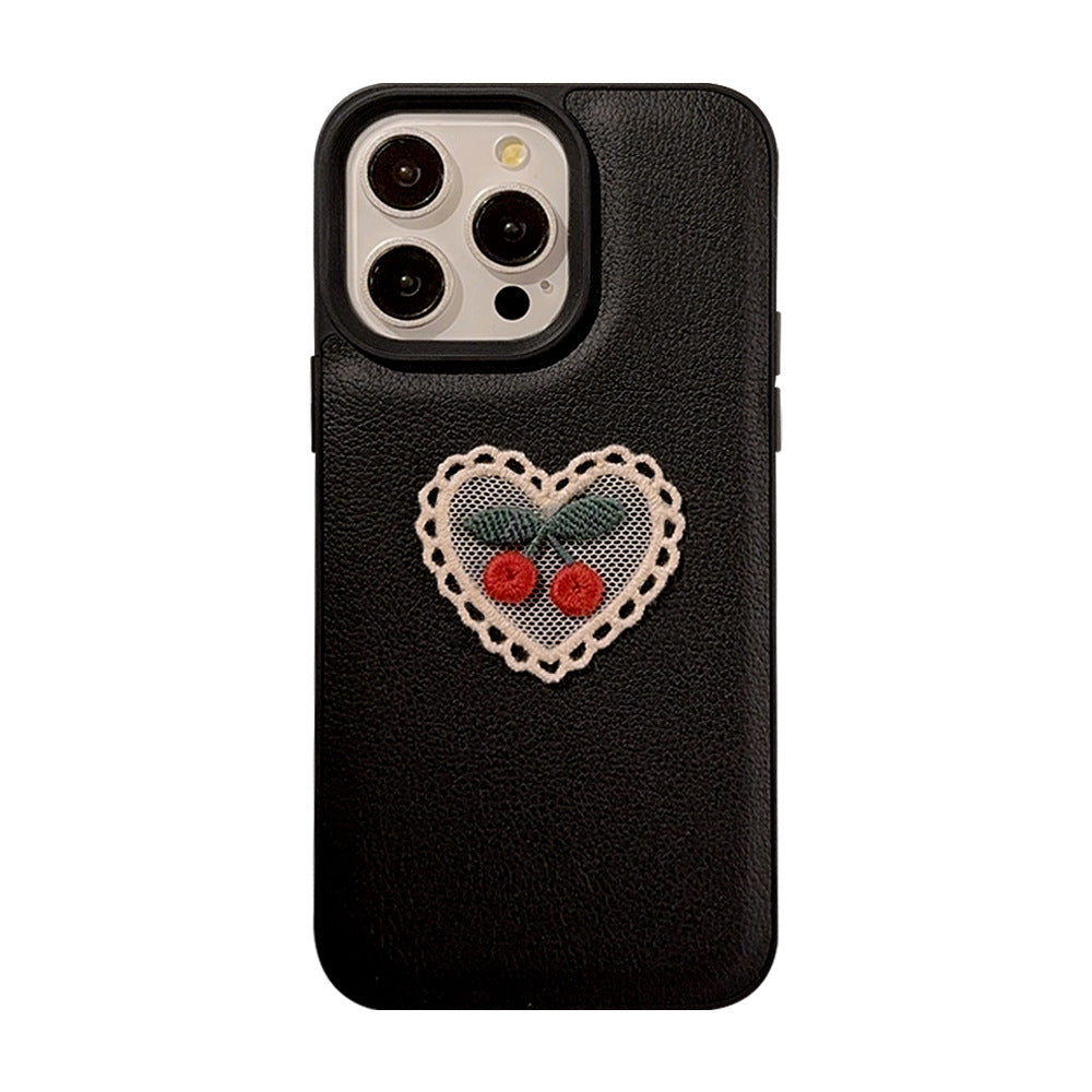 Funda para móvil Apple 15, bordado de cerezas, iPhone 16 Pro Max de cuero, 11, temperamento, 13, anticaída, 17