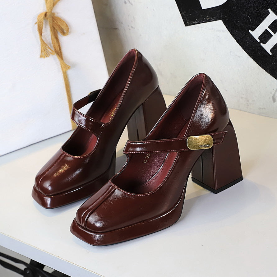 Zapatos de tacón alto para mujer, tacón grueso, tacón alto, plataforma impermeable, hebilla de metal, correa al tobillo