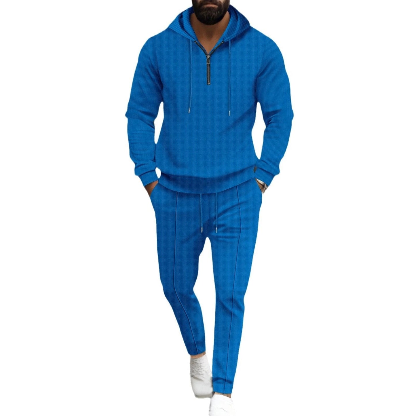 Waffle Hooded Small Zipper Casual Long Sleeve Pants Two-piece Suit