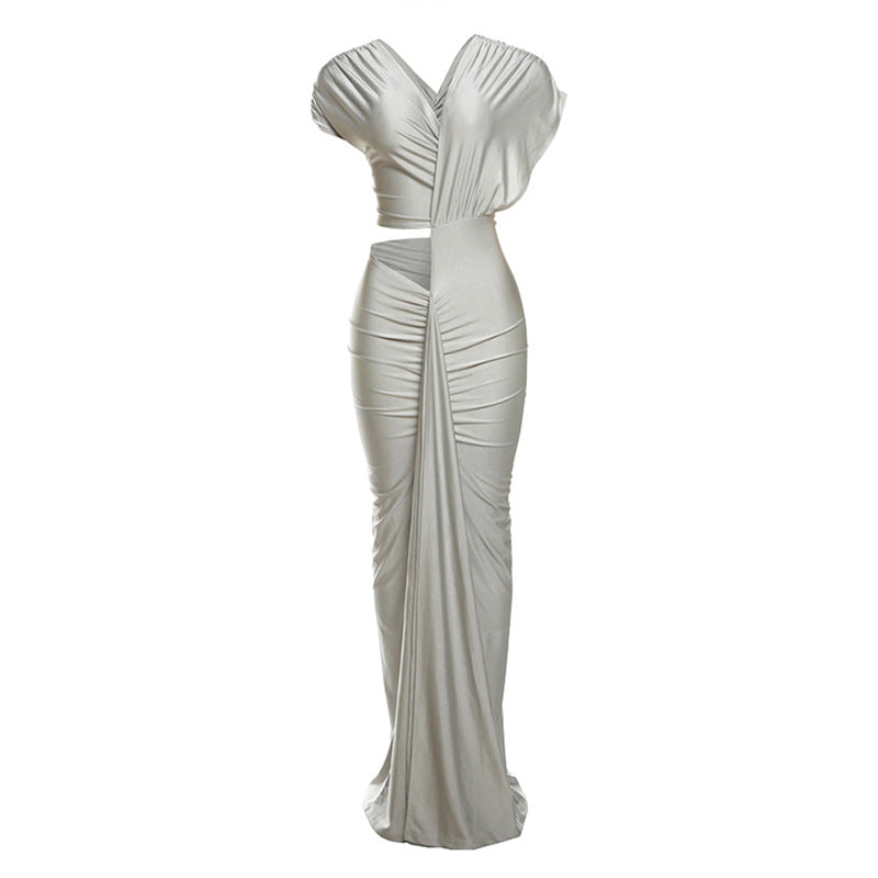 Winter Sexy Slim Fit Cropped Split Dress Solid Color Skinny Sheath Dress