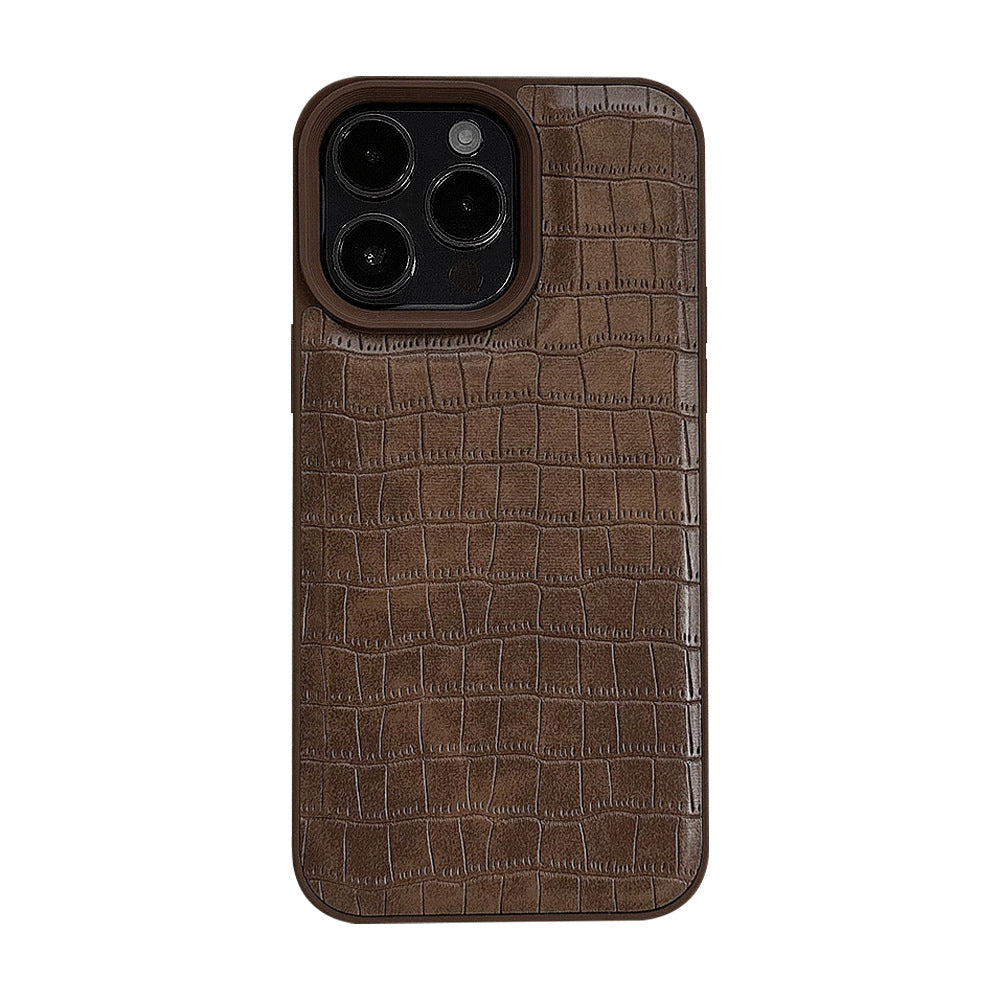 Estuche para teléfono móvil iPhone13/11 con patrón de cocodrilo retro marrón, 15/16/17promax, estilo premium, personalidad.