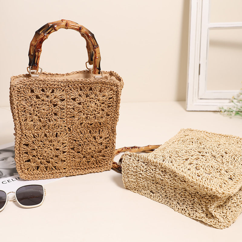 Bamboo Handle Straw Bag Paper String Square Crocheted Women Bag Fresh Casual Woven Bag Beach Bag