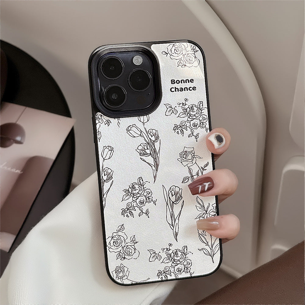 Funda de piel de cordero para iPhone 15 17promax Rosa Camelia 11 para iPhone 16 Art Premium 12