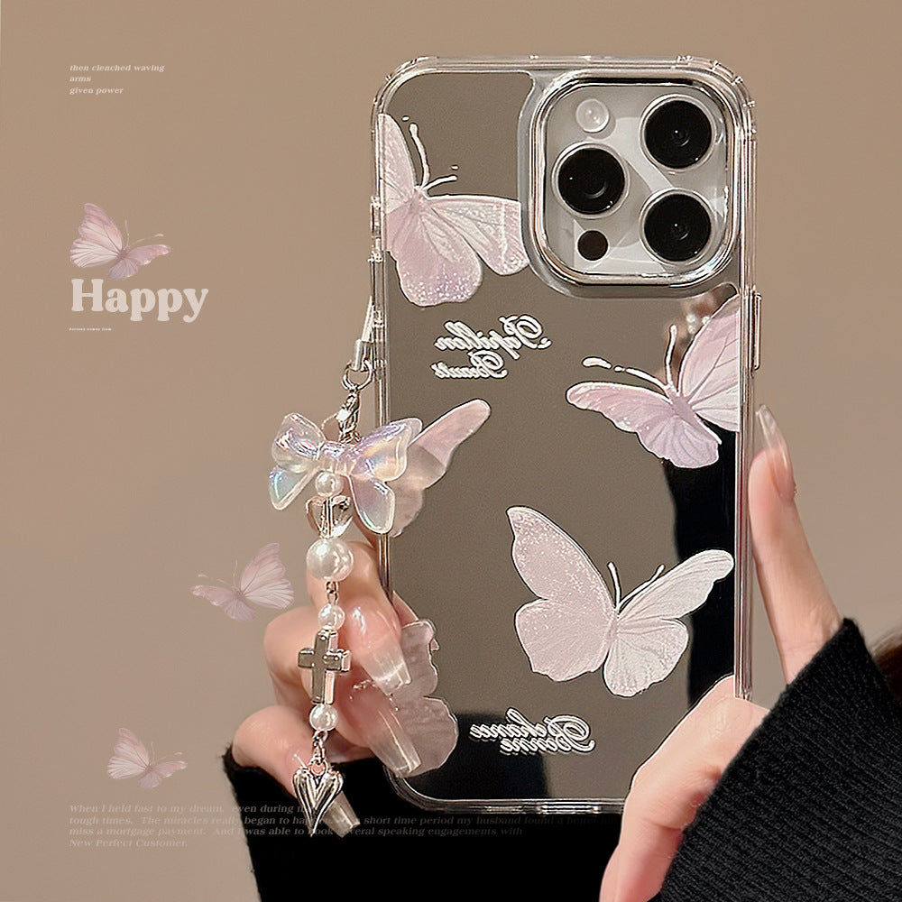 Colgante espejo mariposa súper hada, adecuado para funda de teléfono móvil Apple 15pro max temperamento iphone16 anticaída 13 dura 17