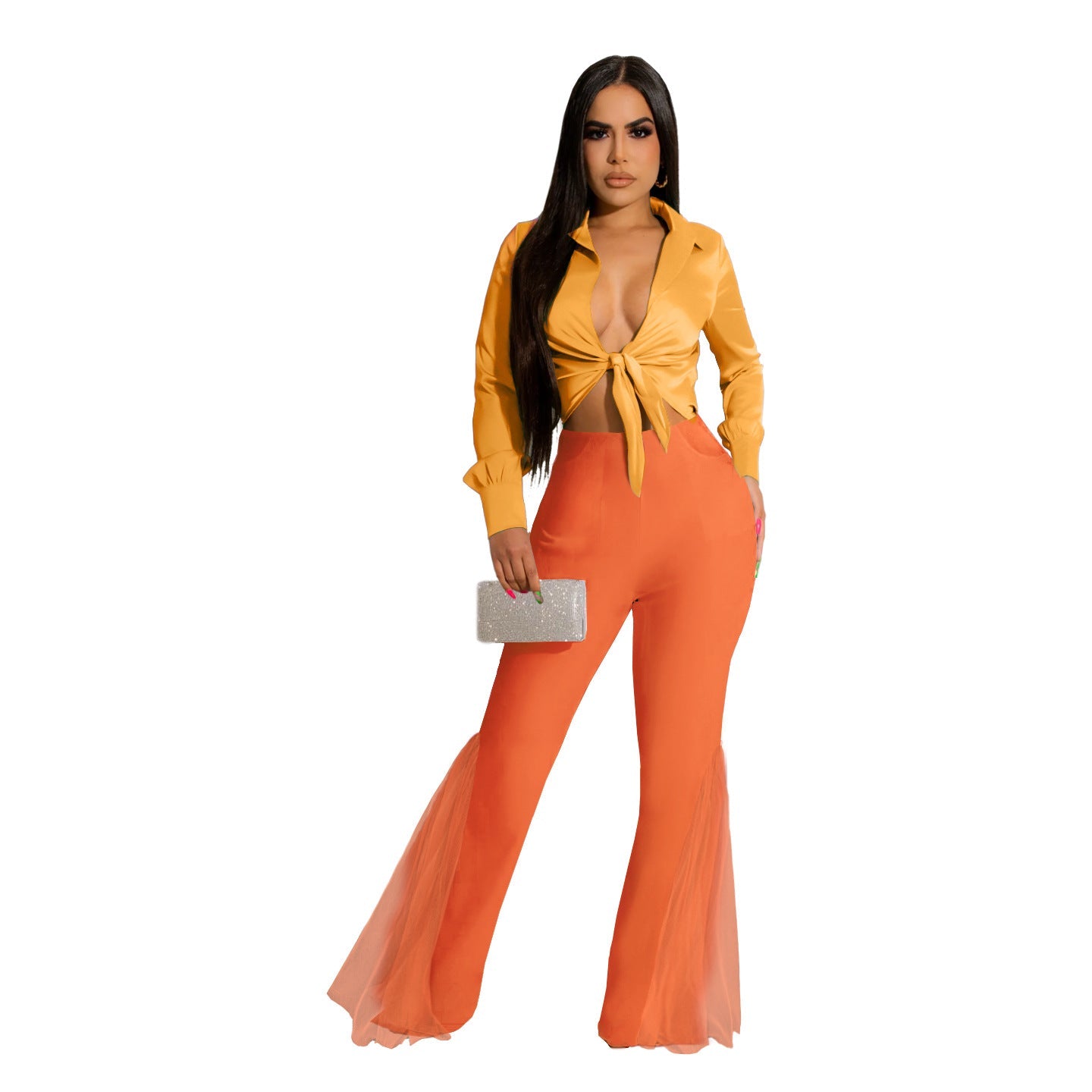 Women Clothing Sexy High Waist Split Slimming Easy Matching Mesh Patchwork Pocket Bell Bottom Pants
