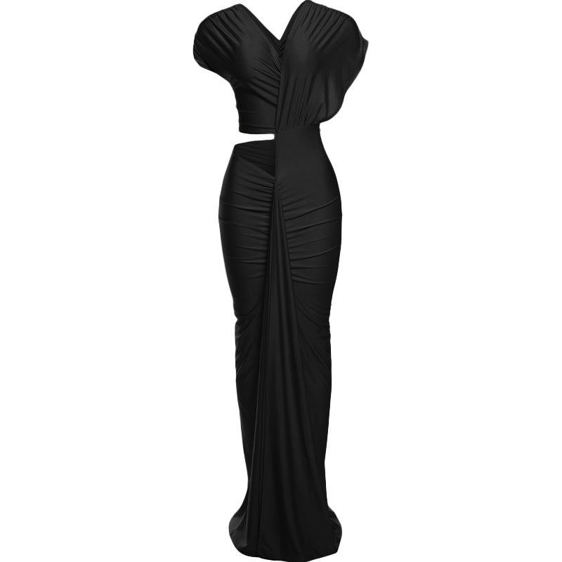 Winter Sexy Slim Fit Cropped Split Dress Solid Color Skinny Sheath Dress