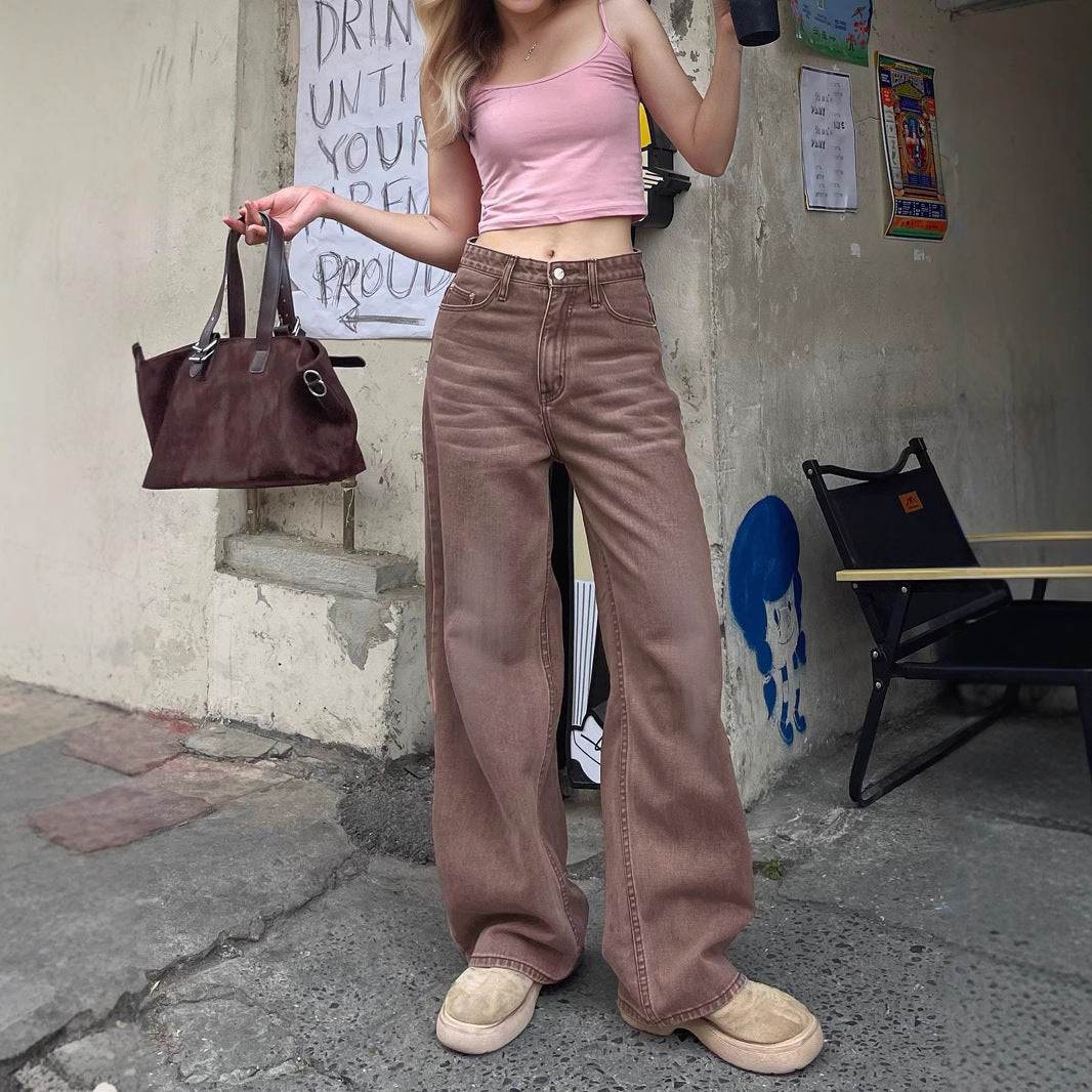 Non Elastic Wide Leg Three Dimensional Cat Beard Denim Candy Color Brown Colored Trousers