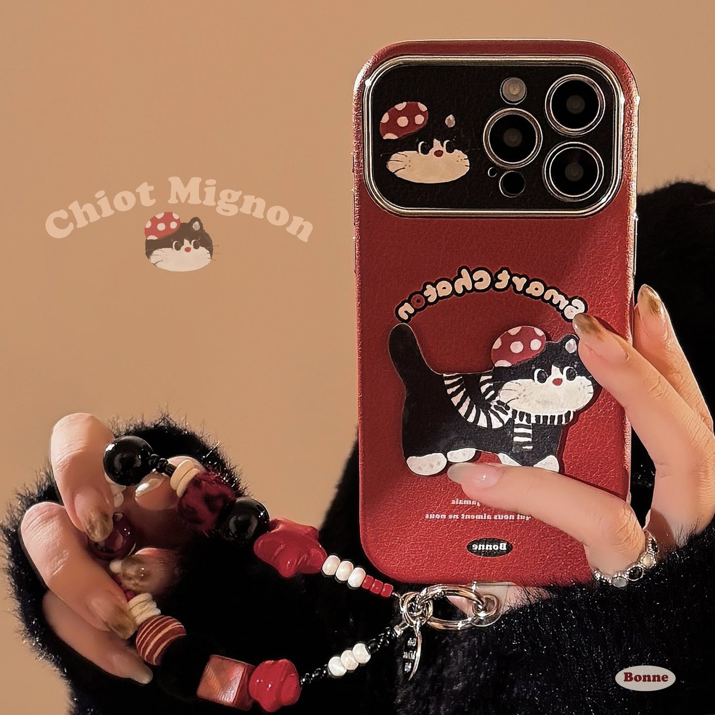 ins rojo gato de dibujos animados adecuado para funda de iPhone 16pro max iPhone 15 cuero dibujos animados 17 cordón