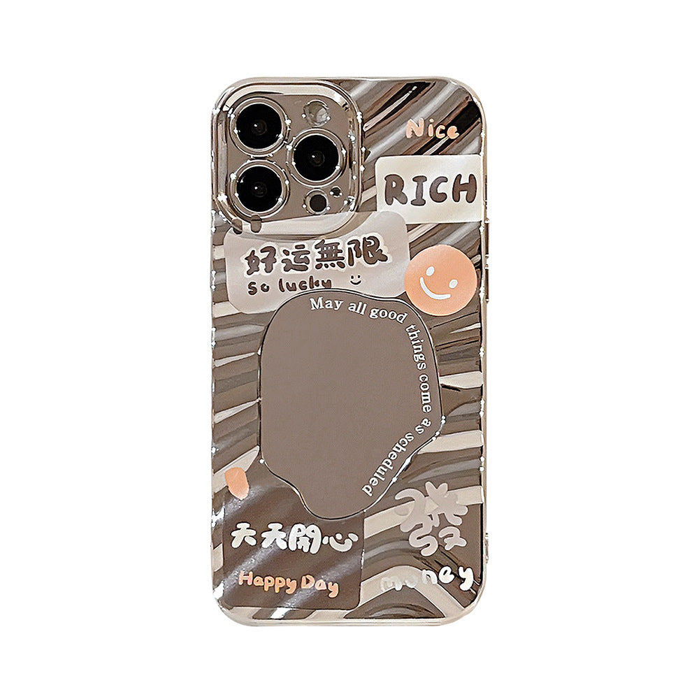 Funda para iPhone 17 Pro Max compatible con iPhone 14, 13, 16, electrochapada, espejo, dura, texto "Hazte rico y buena suerte".