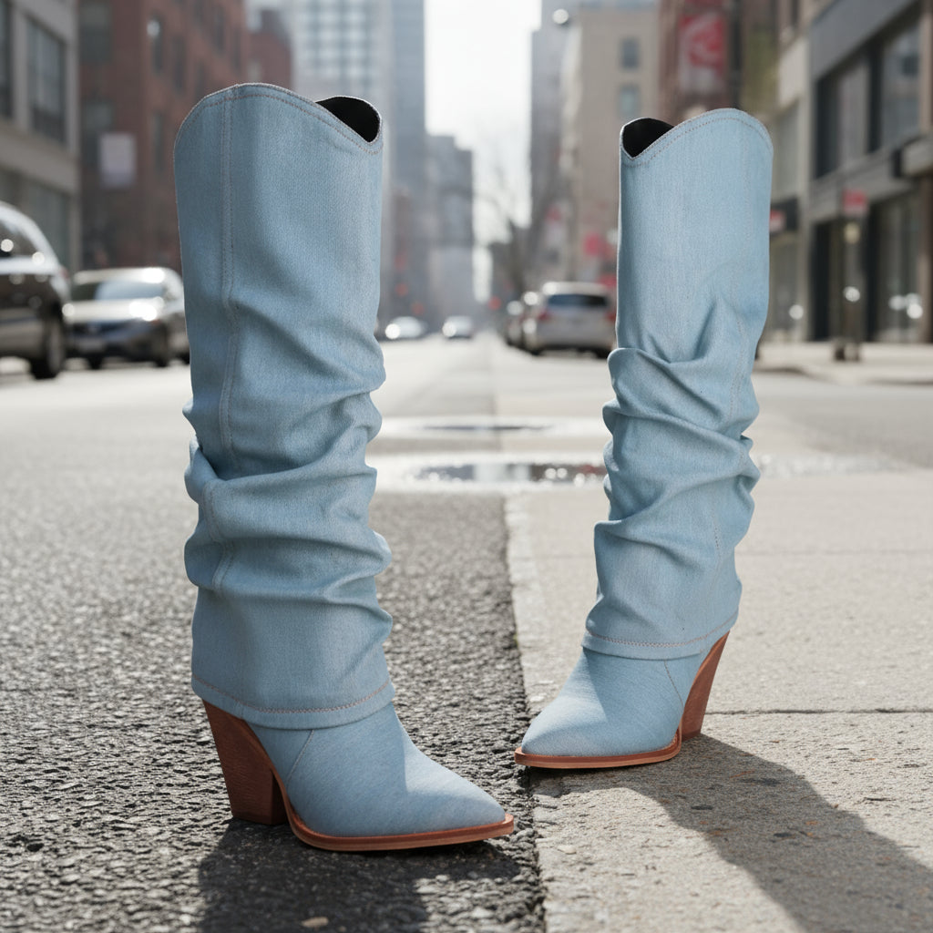 Botas altas de tubo con tacón grueso y punta fina estilo vintage — Tacones llamativos