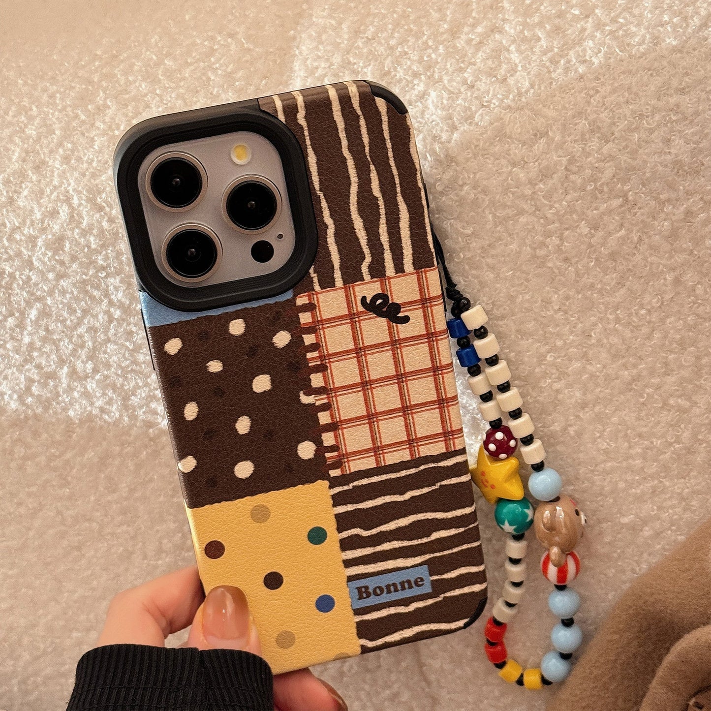 Funda de piel para iPhone 16 Apple 17 con empalme de lunares retro 15Pro Max 14 con cordón 13