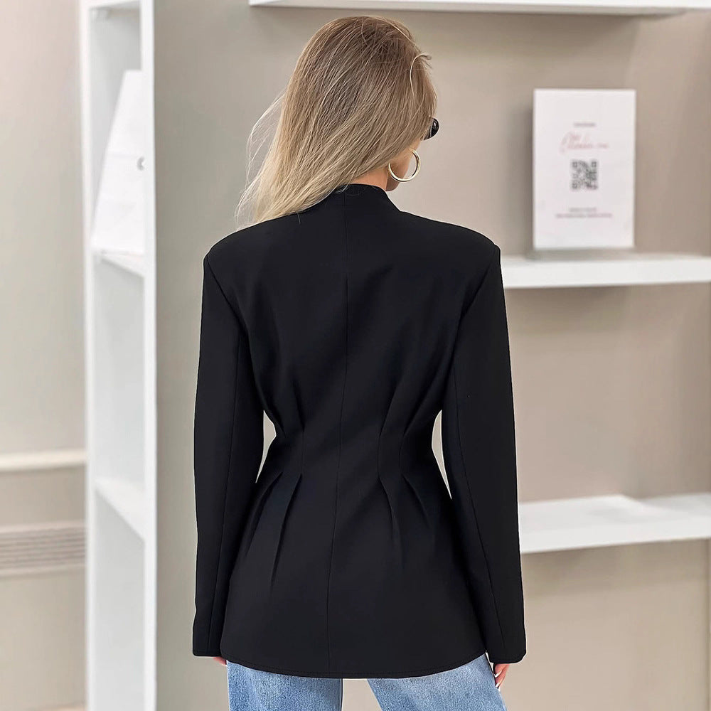 Women Clothing Autumn Elegant Slim Fit Abdomen Control Black Office Design V neck