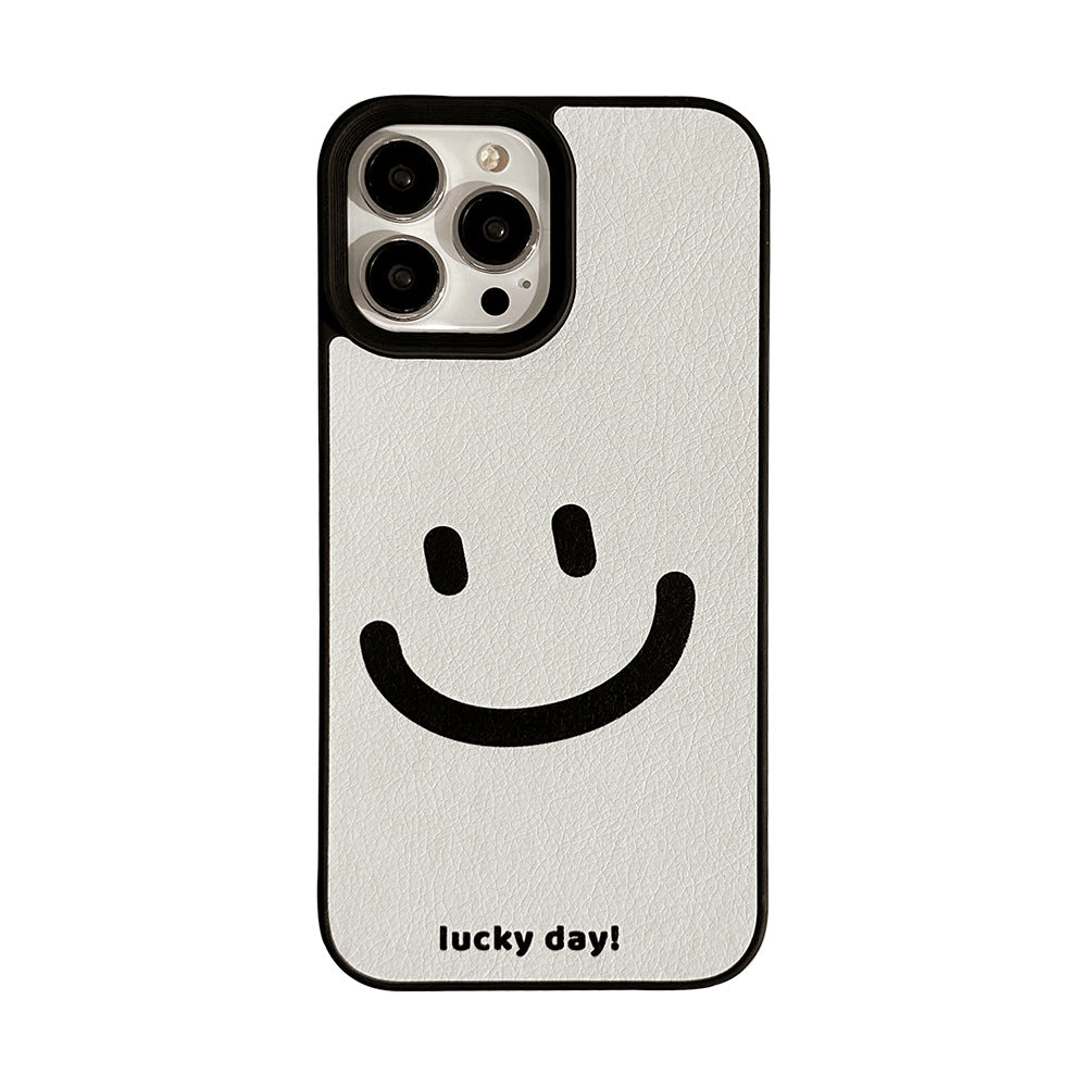 Funda de teléfono Apple con cara sonriente de cura mínima 17promax patrón de cuero 11 adecuada para iPhone16 sentido avanzado 15 anti-caída